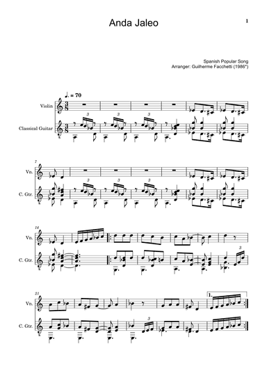 Spanish Popular Song - Anda Jaleo. Arrangement for Violin and Classical Guitar. Score and Parts (arr. Guilherme Facchetti)