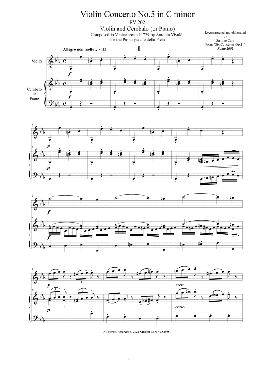 Vivaldi - Violin Concerto No.5 in C minor RV 202 Op.11 for Violin and Cembalo (or Piano) (arr. Santino Cara)