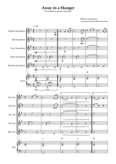 Away in a Manger for Saxophone Quintet and Piano (arr. JPS Edições Musicais)