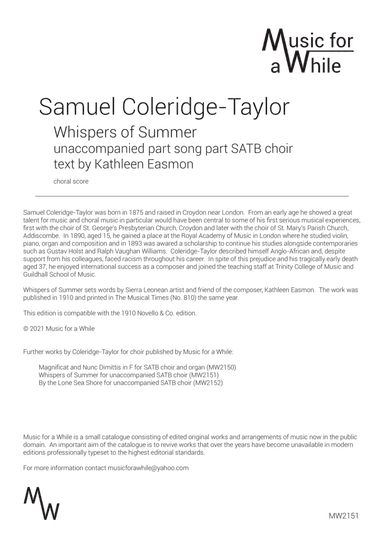 Samuel Coleridge-Taylor - Whispers of Summer for SATB choir (arr. Music for a While)