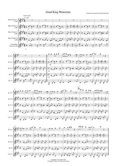 Good King Wenceslas (Latin Style!) for Bass Clarinet Quintet (arr. David Burndrett)