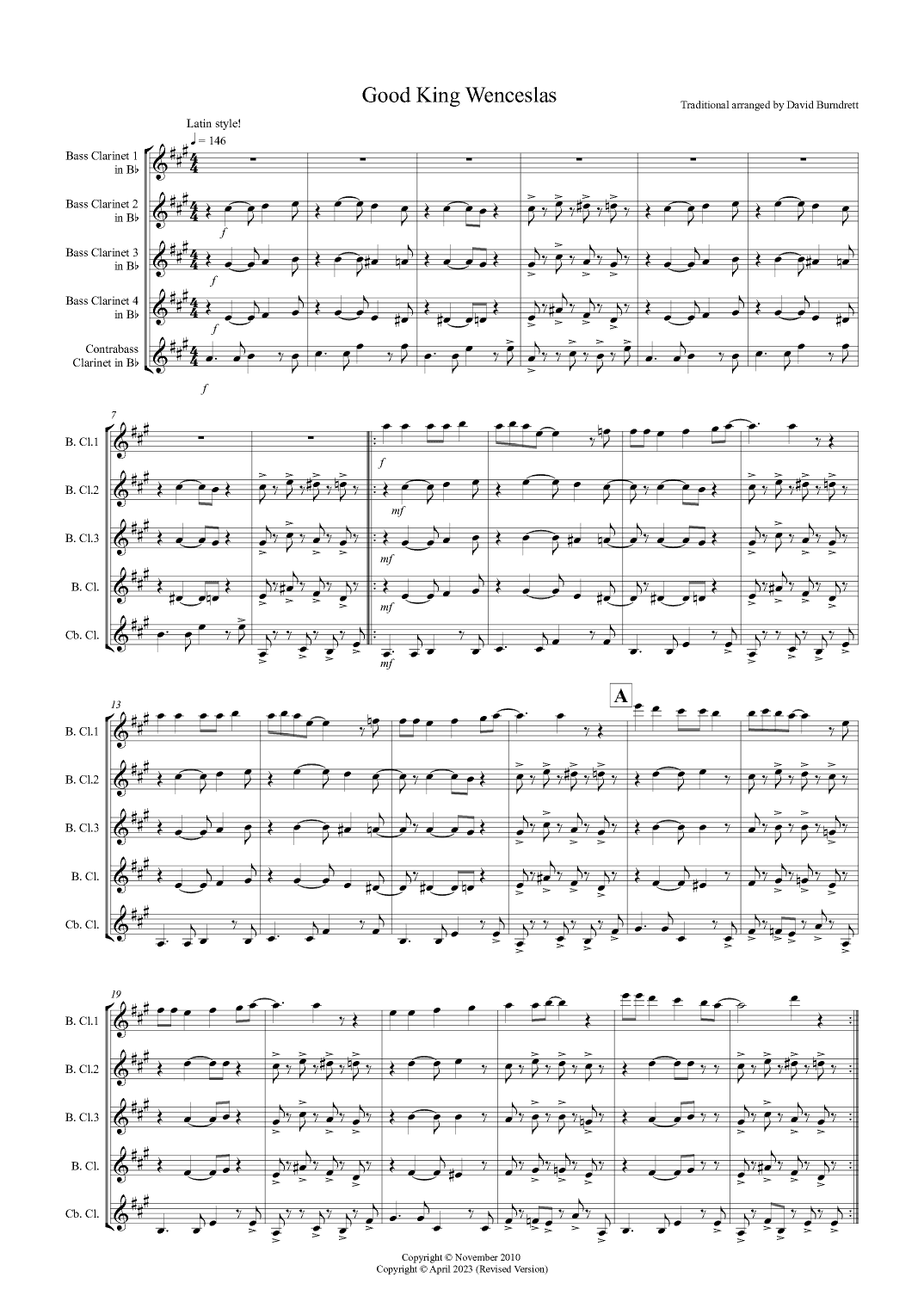 Good King Wenceslas (Latin Style!) for Bass Clarinet Quintet (arr. David Burndrett)