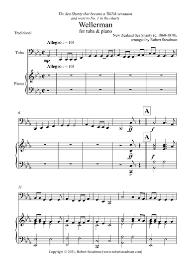Wellerman (Tuba/Eb Bass & Piano) - treble and bass clef tuba/Eb bass parts included (arr. Robert Steadman)