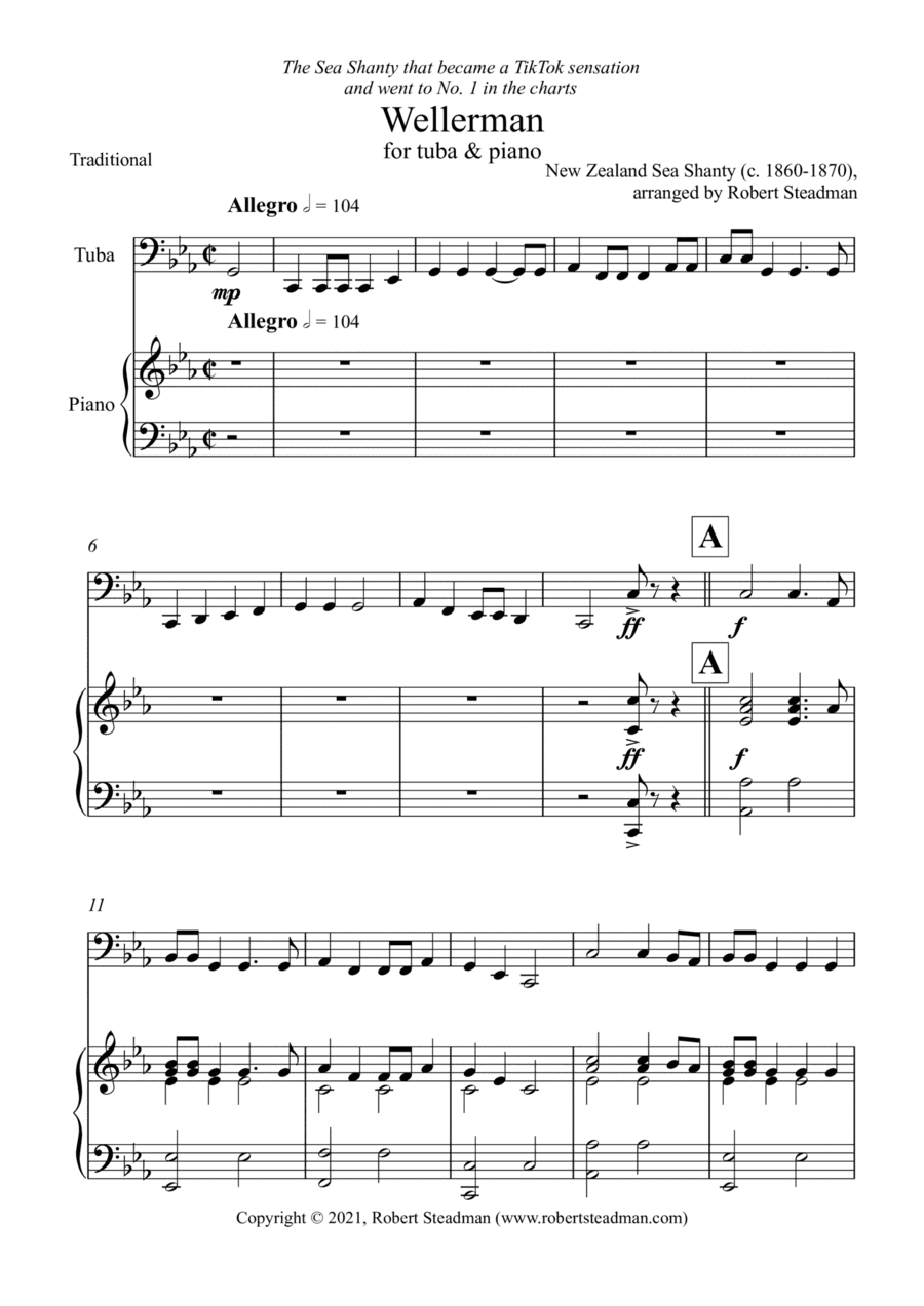 Wellerman (Tuba/Eb Bass & Piano) - treble and bass clef tuba/Eb bass parts included (arr. Robert Steadman)