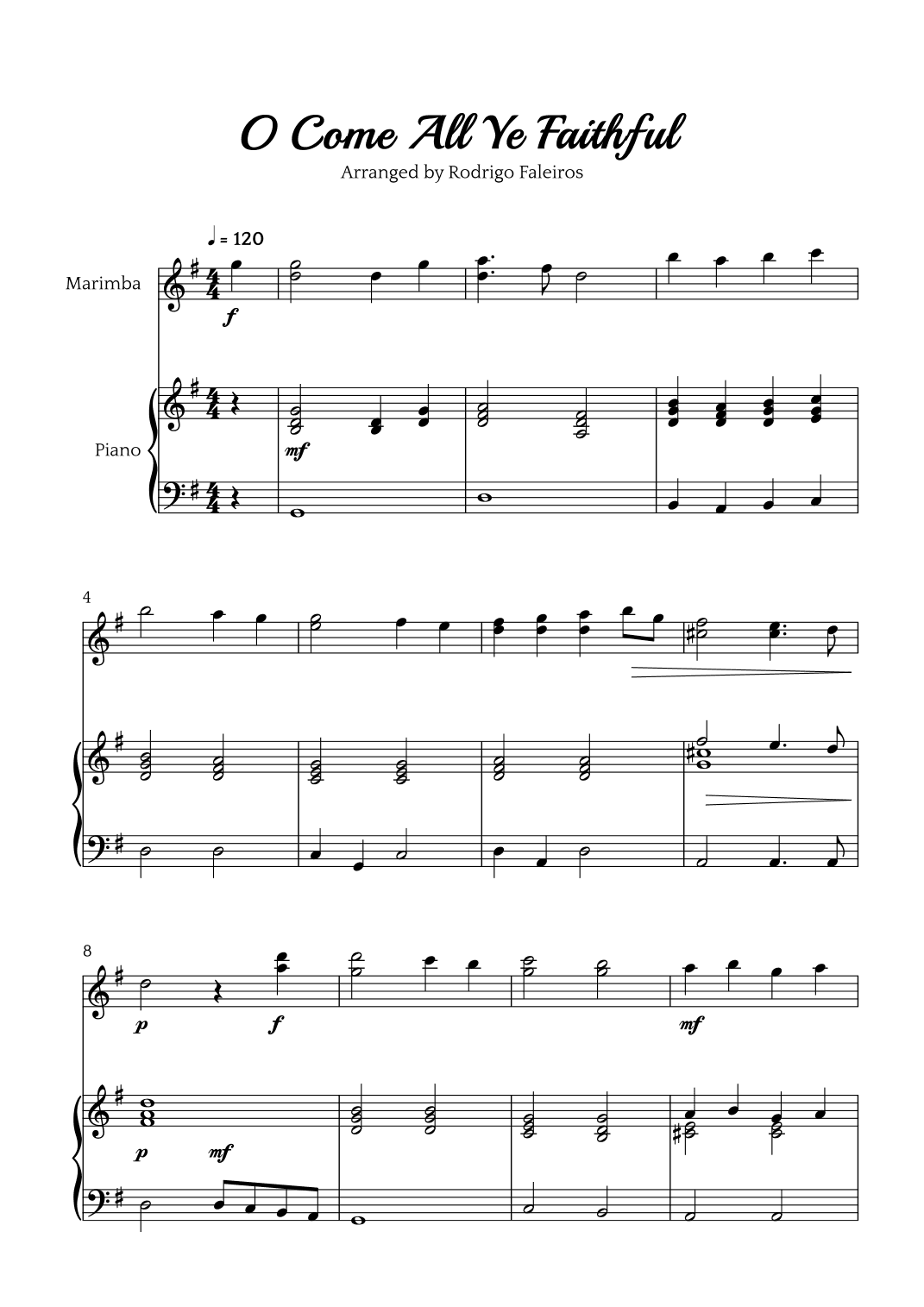 O Come All Ye Faithful (for marimba and piano accompaniment) (arr. Rodrigo Faleiros)