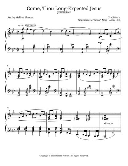 Come, Thou Long Expected Jesus (arr. Melissa Blanton)