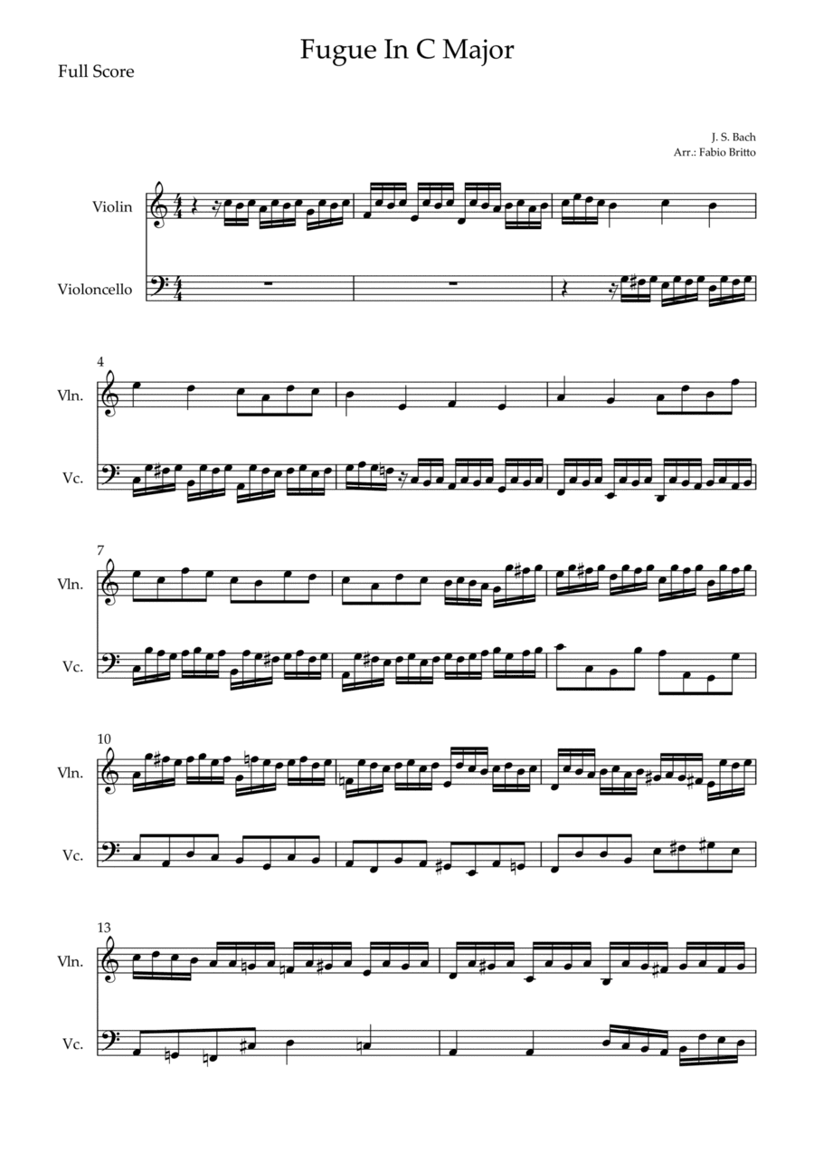 Fugue In C Major (J. S. Bach) for Violin & Cello Duo (arr. Fabio Britto)