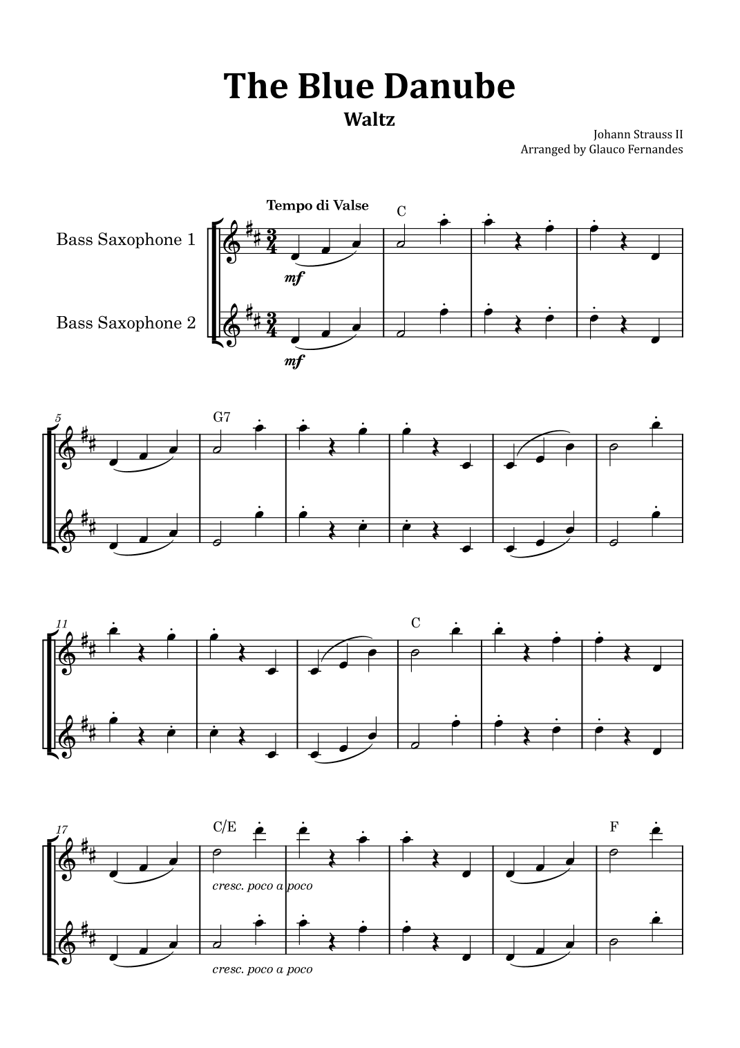 The Blue Danube - Bass Saxophone Duet with Chord Notations (arr. Glauco Fernandes)