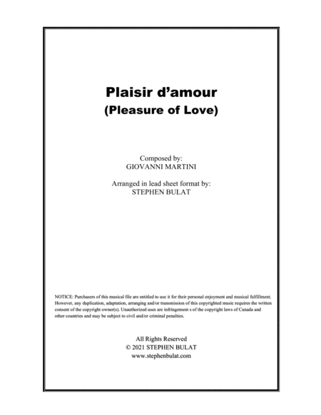Plaisir d'amour (Pleasure of Love) - Lead sheet (key of F) (arr. Stephen Bulat)
