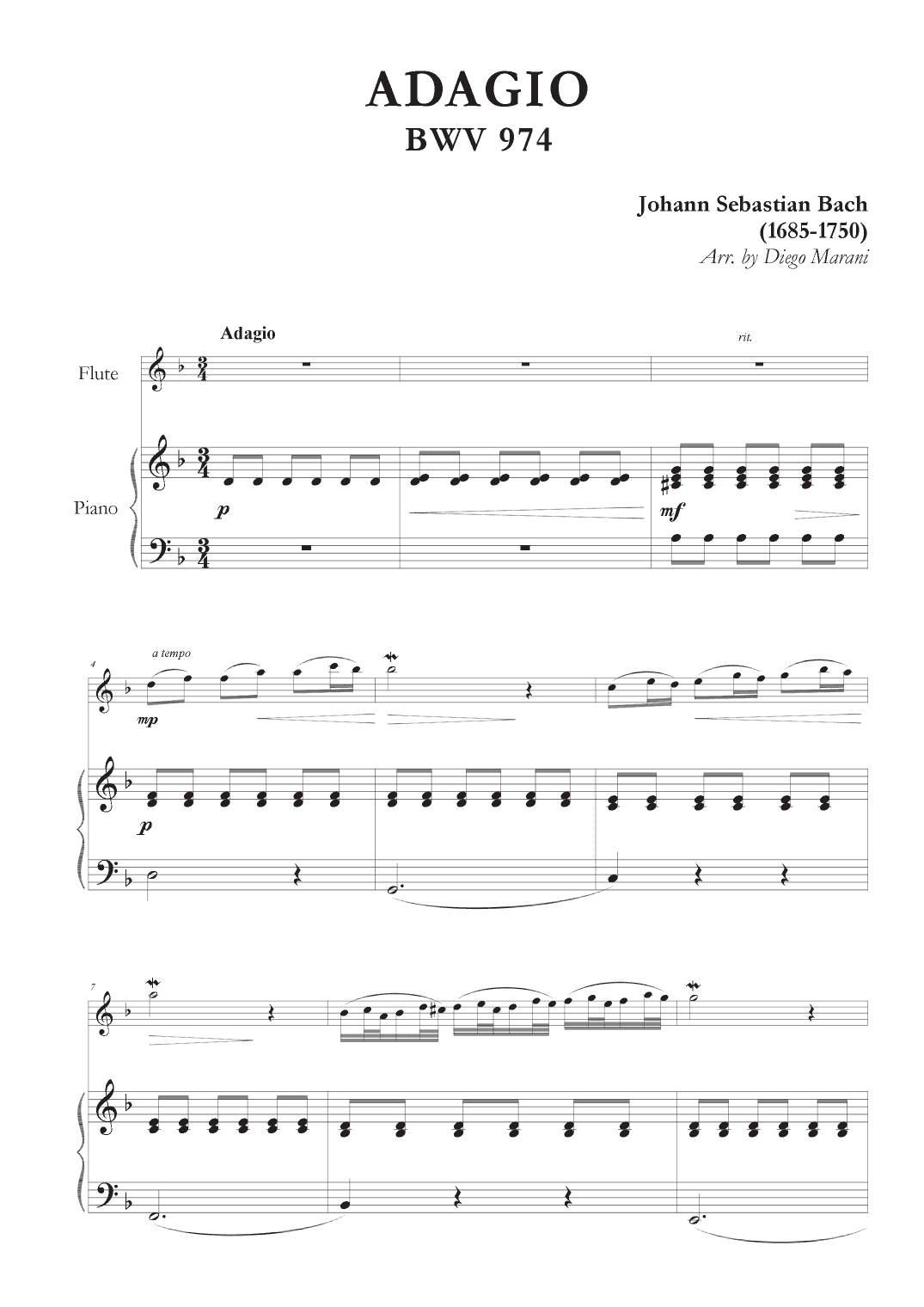 Adagio from BWV 974 for Flute and Piano (arr. Diego Marani)