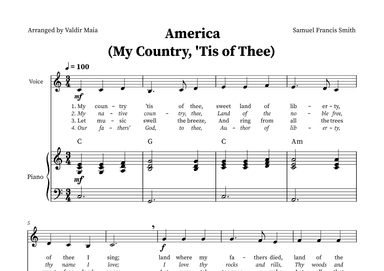 America (My Country, 'Tis of Thee) - Voice and Piano in C (+CHORDS) (arr. Valdir Maia)