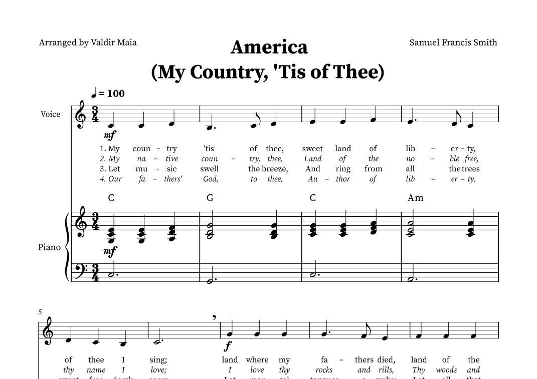 America (My Country, 'Tis of Thee) - Voice and Piano in C (+CHORDS) (arr. Valdir Maia)
