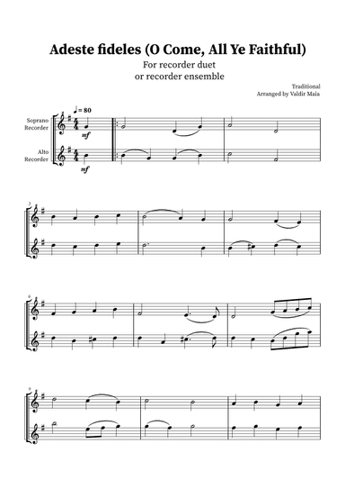 O Come, All Ye Faithful (Adeste Fideles) - Recorder Duet (arr. Valdir Maia)