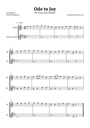 Ode to Joy (Easy Flute and Clarinet) (arr. Daniel Nakamura)