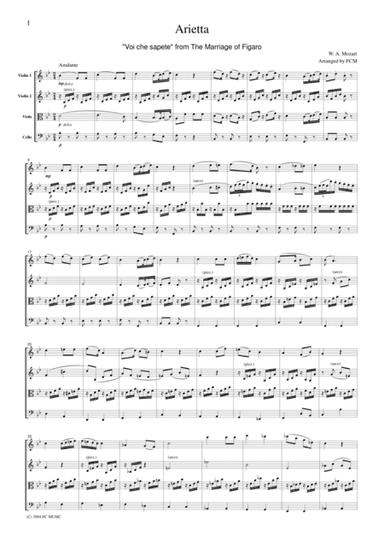 Mozart  Arietta Voi che sapete from The Marriage of Figaro, for string quartet, CM013 (arr. FCMUSIC)