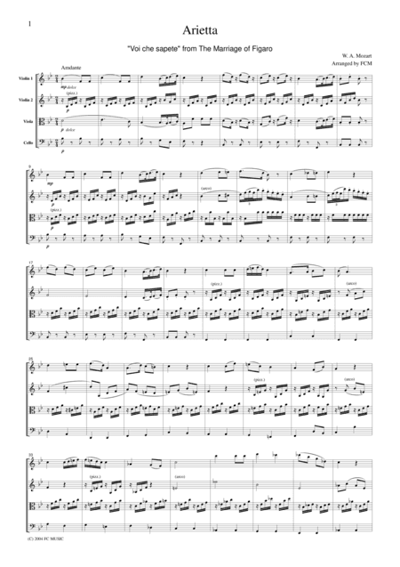 Mozart  Arietta Voi che sapete from The Marriage of Figaro, for string quartet, CM013 (arr. FCMUSIC)