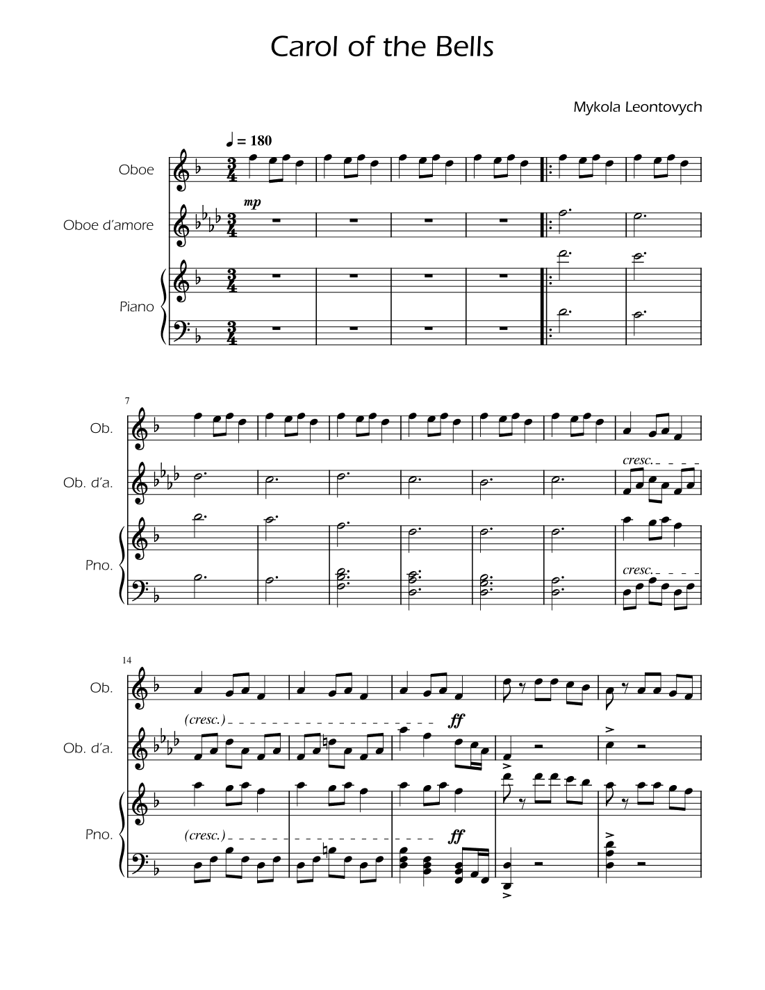 Carol of the Bells - Oboe Duet w/ Piano (arr. Ygor Nunes)