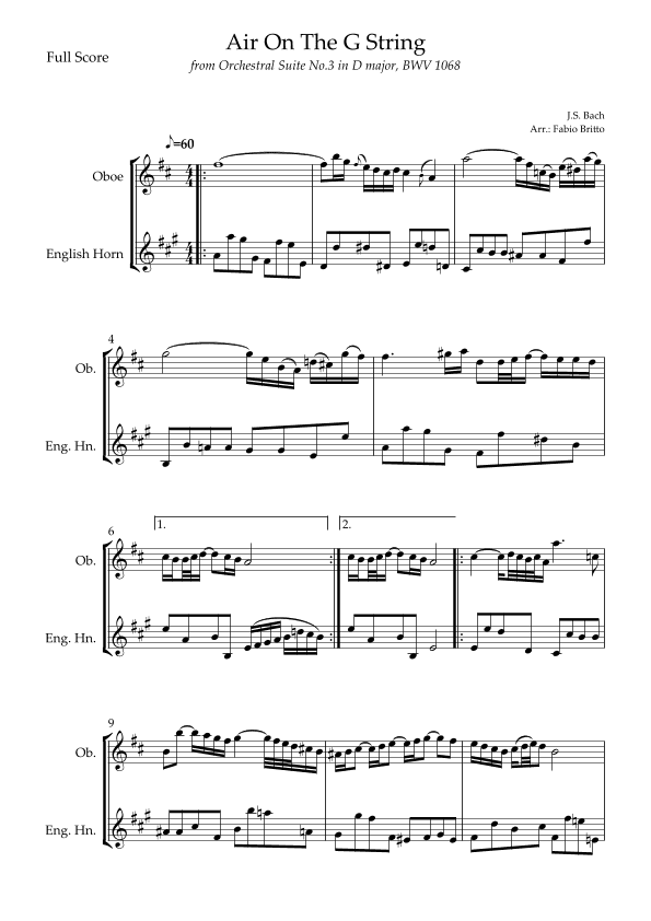 Air On The G String (J.S. Bach) for Oboe & English Horn Duo (arr. Fabio Britto)
