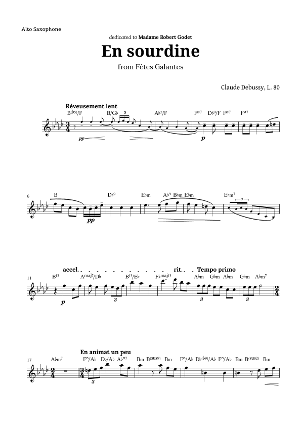En sourdine by Debussy for Alto Sax and Chords (arr. Langanho)