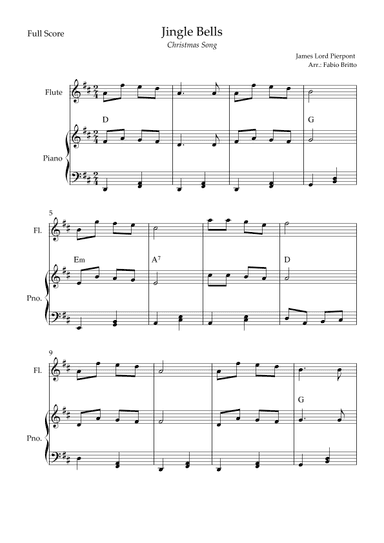 Jingle Bells (Christmas Song) for Flute Solo and Piano Accompaniment with Chords (arr. Fabio Britto)