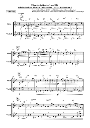 Robert Klenck - Minuetto (in G minor) (no. 112), a violin duo from Klenck's Violin method (1892) - N (arr. Andrei Lucian Dragoi)
