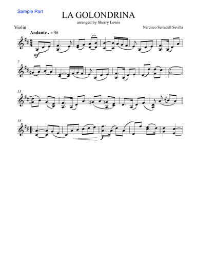 LA GOLONDRINA,Sevilla, Violin Solo, Intermediate Level (arr. Sherry Lewis)