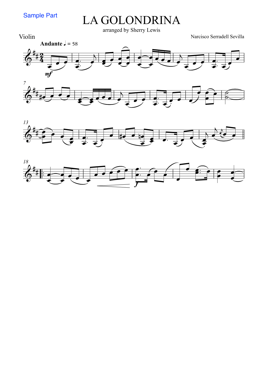 LA GOLONDRINA,Sevilla, Violin Solo, Intermediate Level (arr. Sherry Lewis)