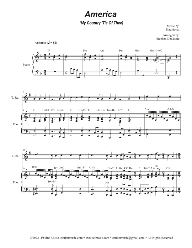 America (My Country, 'Tis of Thee) (Tenor Saxophone and Piano) (arr. Stephen DeCesare)