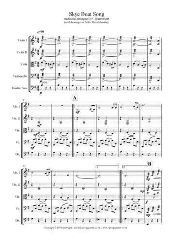 Skye Boat Song for string quartet with additional optional bass part. Score & parts (arr. D F Wainwright)