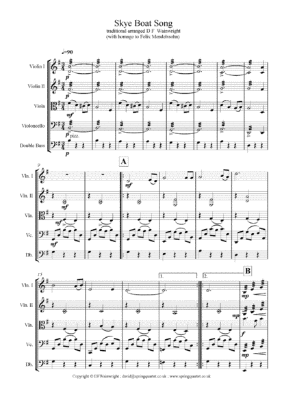 Skye Boat Song for string quartet with additional optional bass part. Score & parts (arr. D F Wainwright)