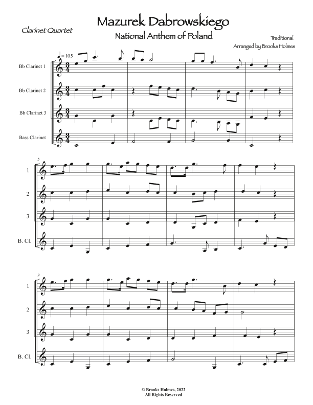 Polish National Anthem - Mazurek Dabrowskiego (Clarinet Quartet) Poland (arr. Brooks Holmes)