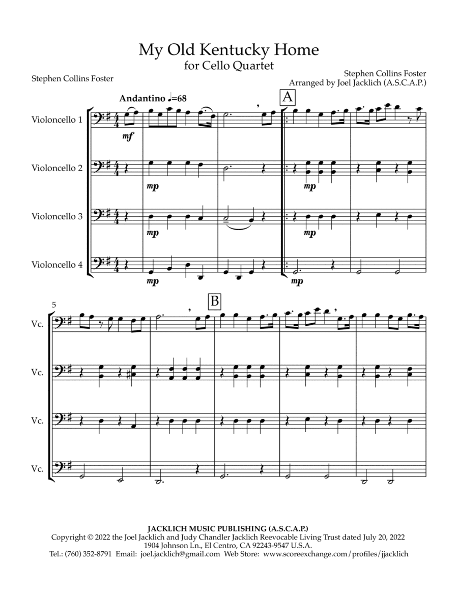 My Old Kentucky Home (for Cello Quartet) (arr. Joel Jacklich (ASCAP))