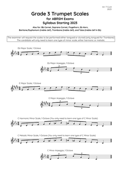 Trumpet Scales Grade 3. For the new ABRSM Syllabus from 2023. (arr. Tim Curd)