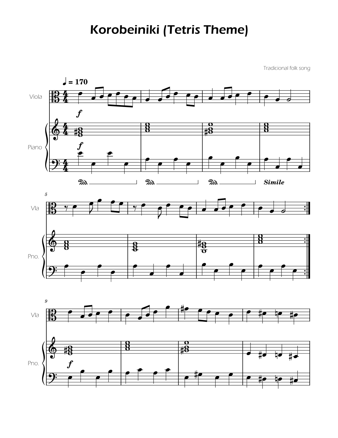 Tetris Theme for Viola and Piano (arr. Ygor Nunes)
