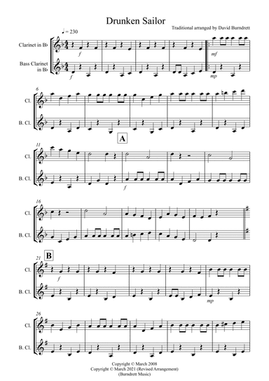 Drunken Sailor for Clarinet and Bass Clarinet Duet (arr. David Burndrett)