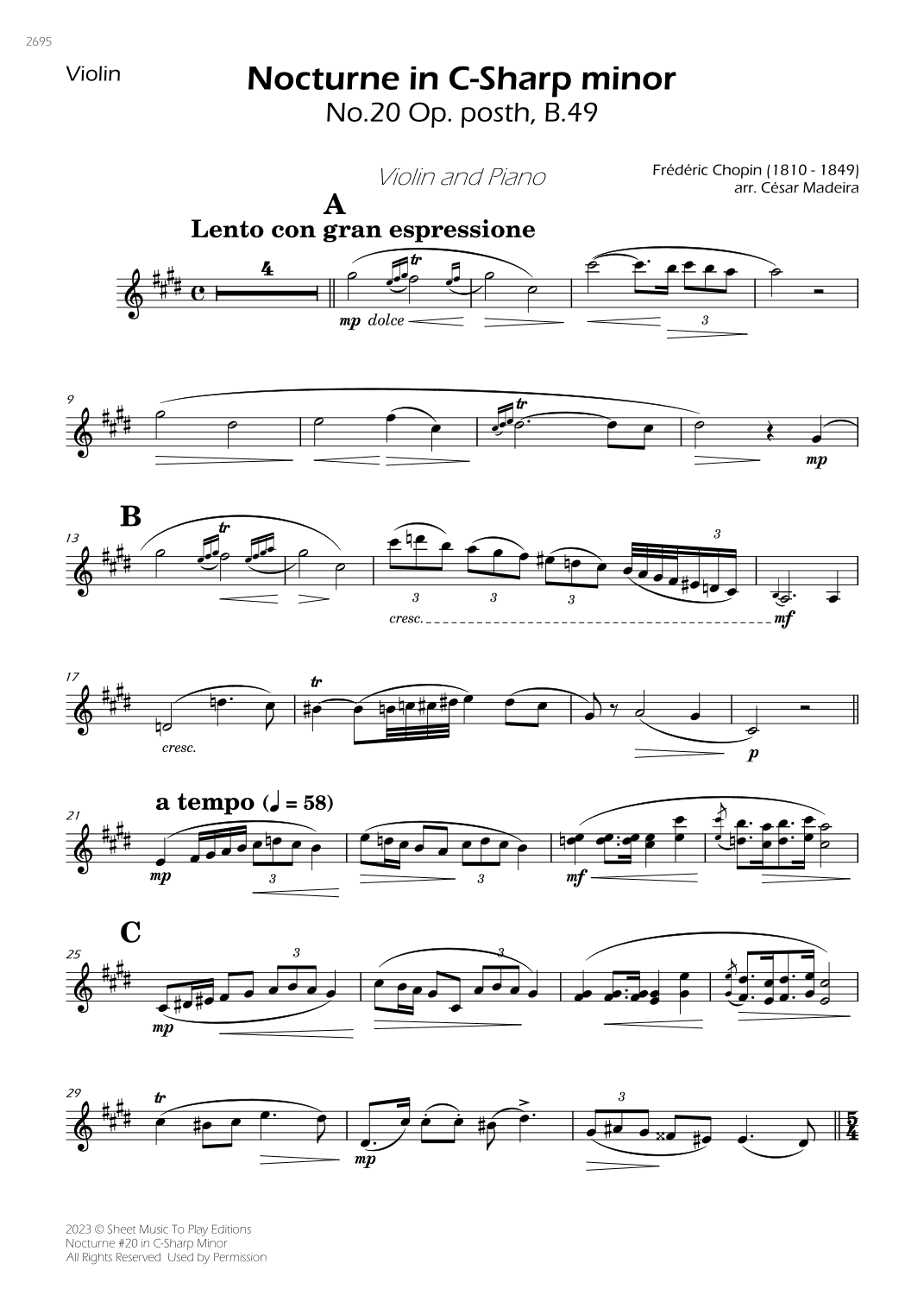 Nocturne No.20 in C-Sharp minor - Violin and Piano (Individual Parts) (arr. César Madeira)