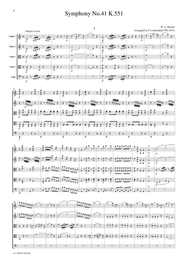 Mozart  Symphony No.41, all mvts.(arranged by Lichtenthal), for string quintet, CM092 (arr. Lichtenthal)