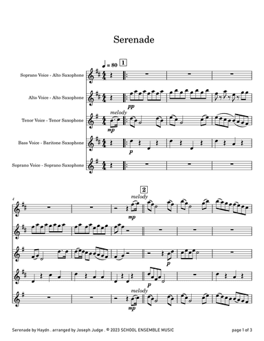 Serenade by Haydn for Saxophone Quartet in Schools (arr. Joseph Judge)