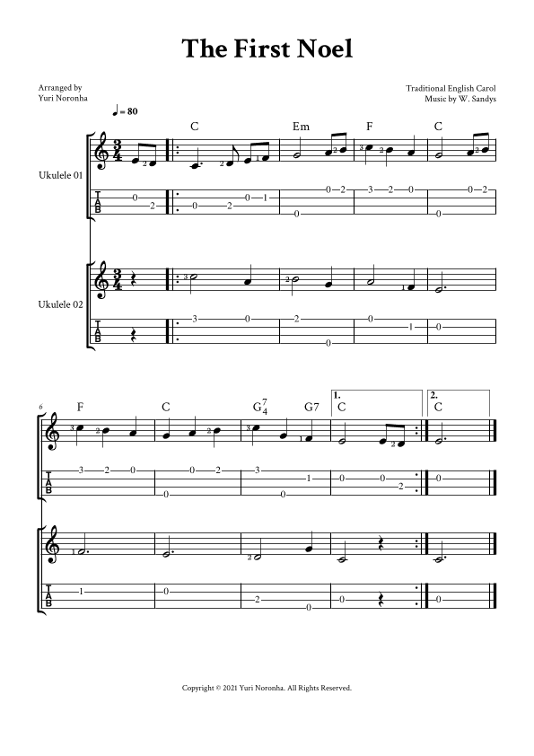 The First Noel - For two Ukulele voices (two melodies and chords) - Very easy Christmas Carols (arr. Yuri Noronha)