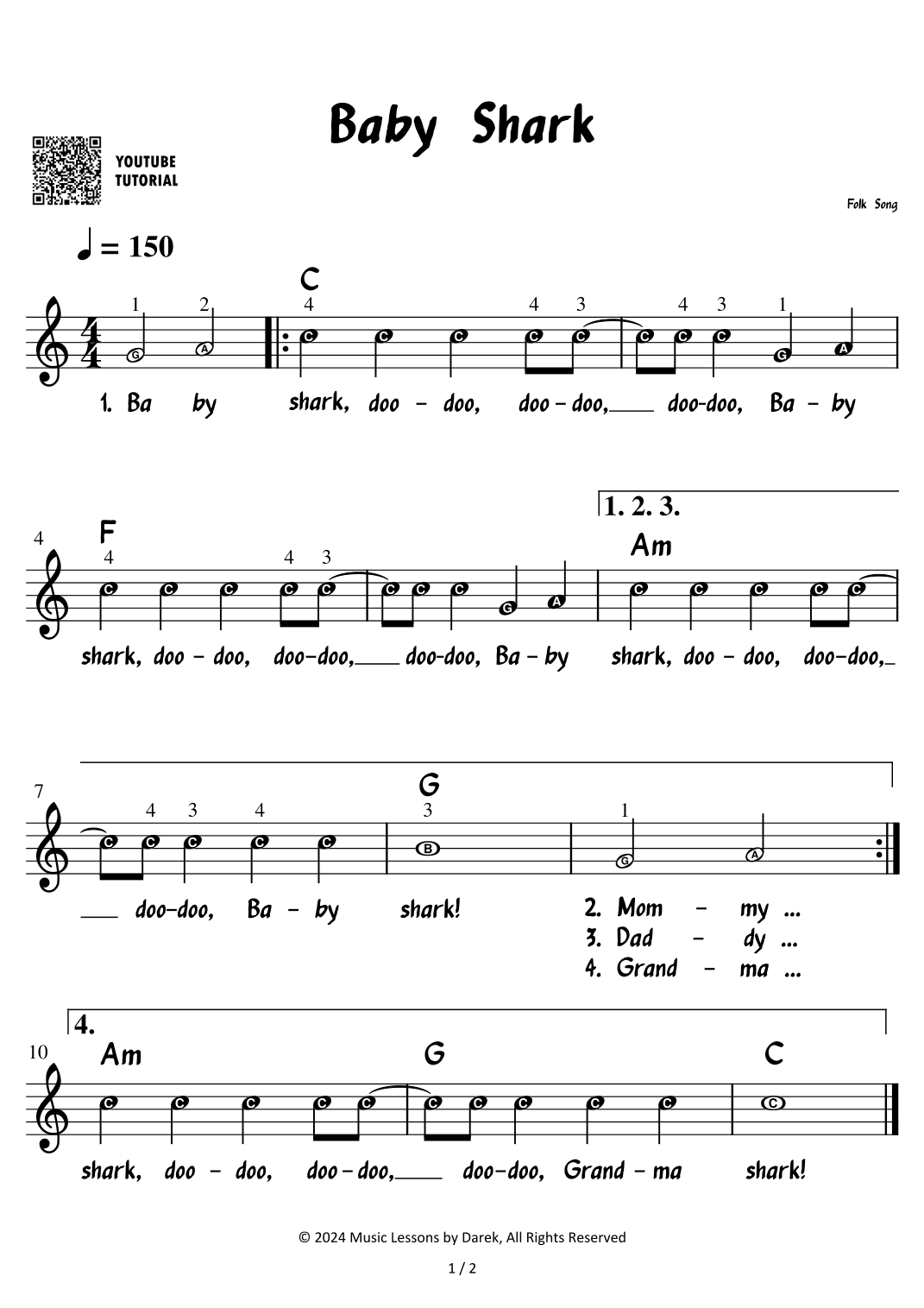 Baby shark (VERY EASY PIANO) Children's Song [Folk Song] (arr. Darek)