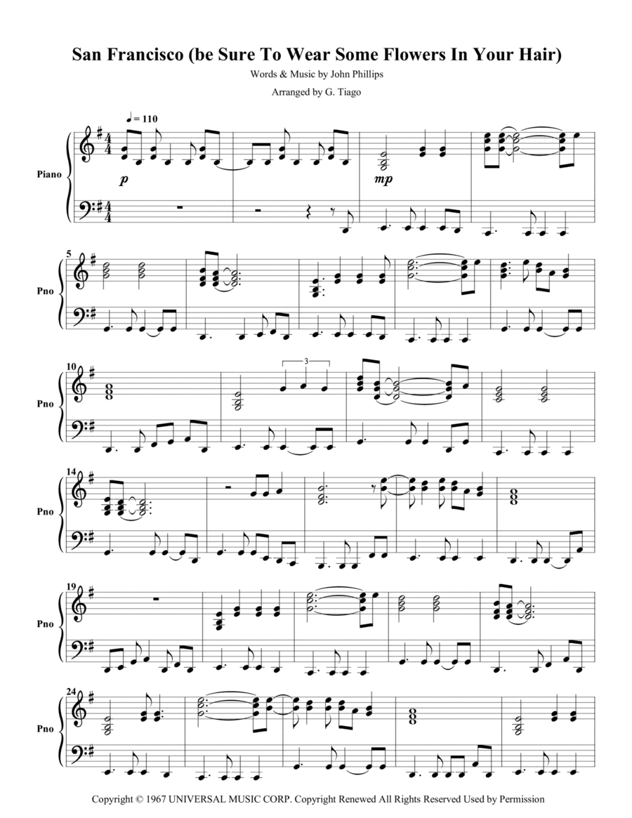 San Francisco (be Sure To Wear Some Flowers In Your Hair) (arr. G. Tiago)