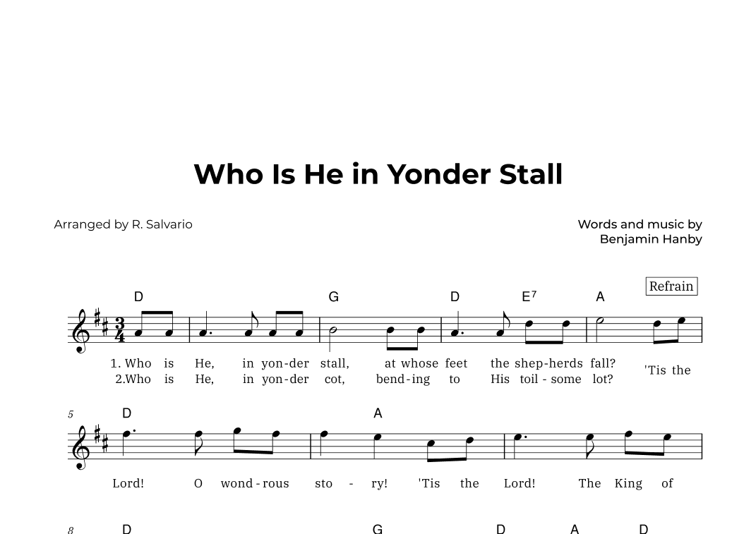 Who Is He in Yonder Stall (Key of D Major) (arr. R. Salvario)