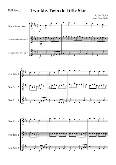 Twinkle, Twinkle Little Star for Tenor Saxophone Trio (arr. Fabio Britto)