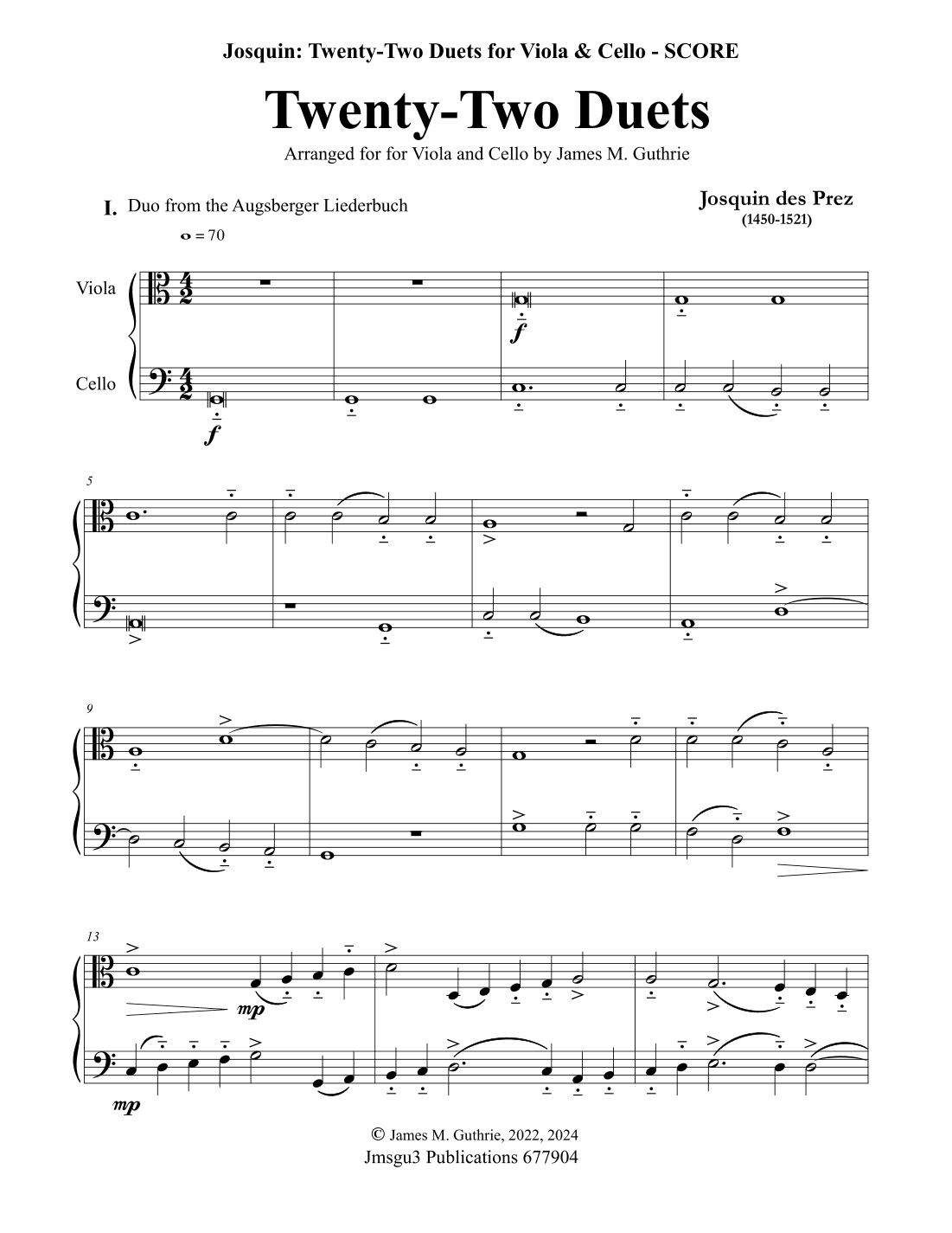 Josquin: 22 Duets for Viola and Cello (arr. James M. Guthrie)