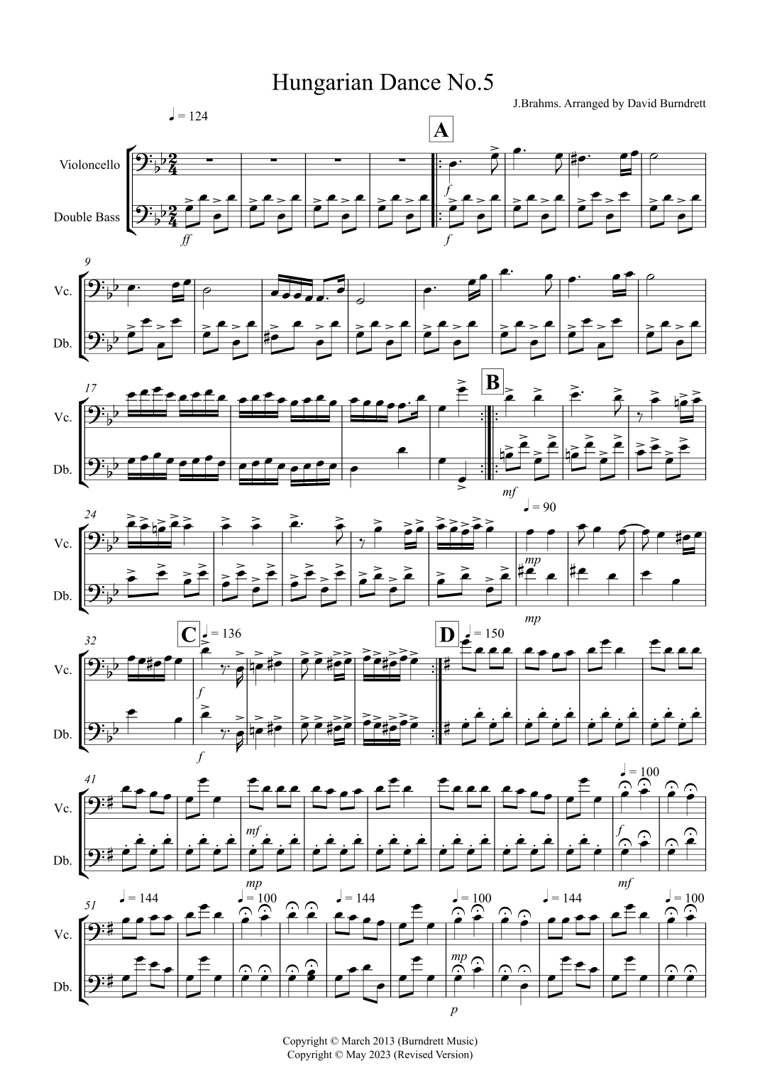 Hungarian Dance No.5 for Cello and Double Bass Duet (arr. David Burndrett)