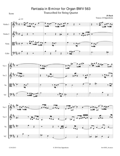 Bach: Fantasia in B minor BWV 563 arr. for String Quartet (arr. D Oppenheim)