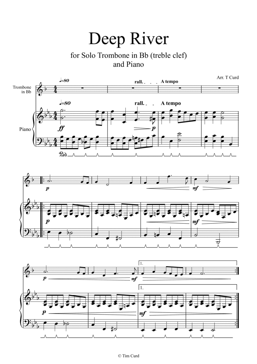 Deep River for Trombone in Bb Solo (treble Clef) and Piano. (arr. Tim Curd)