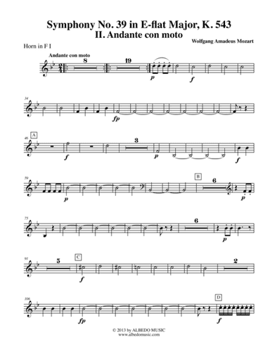Mozart Symphony No. 39, Movement II - Horn in F 1 (Transposed Part), K. 543 (arr. Doug Clyde)