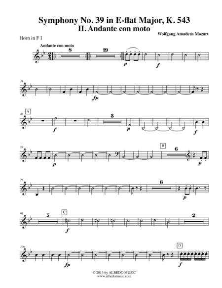 Mozart Symphony No. 39, Movement II - Horn in F 1 (Transposed Part), K. 543 (arr. Doug Clyde)