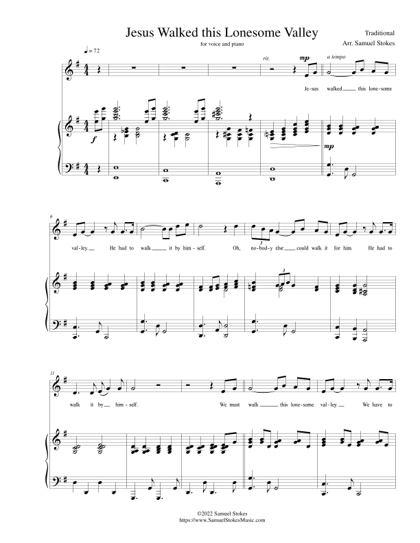 Jesus Walked this Lonesome Valley - for tenor or soprano with piano accompaniment (arr. Samuel Stokes)